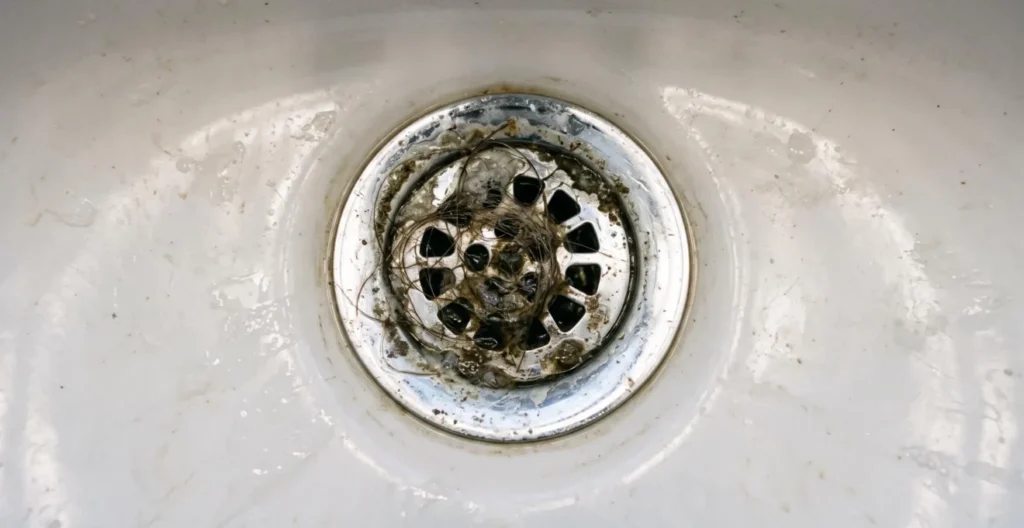 Vue détaillée d'un drain de lavabo de salle de bain montrant l'accumulation naturelle de résidus Vue détaillée d'un drain de lavabo de salle de bain montrant l'accumulation naturelle de résidus