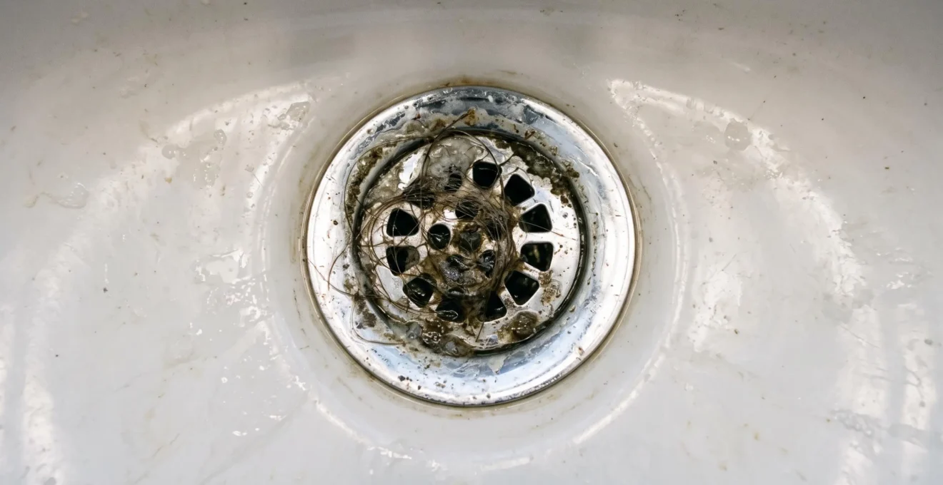 Vue détaillée d'un drain de lavabo de salle de bain montrant l'accumulation naturelle de résidus